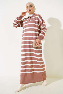 Üç Düğmeli Çizgili Triko Elbise Gül Kurusu - Tesettür Elbise