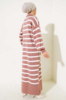 Üç Düğmeli Çizgili Triko Elbise Gül Kurusu - Tesettür Elbise