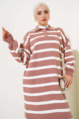 Üç Düğmeli Çizgili Triko Elbise Gül Kurusu - Tesettür Elbise