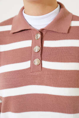 Üç Düğmeli Çizgili Triko Elbise Gül Kurusu - Tesettür Elbise