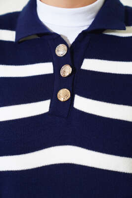 Üç Düğmeli Çizgili Triko Elbise Lacivert - Tesettür Elbise