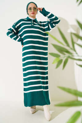 Üç Düğmeli Çizgili Triko Elbise Nefti - Tesettür Elbise