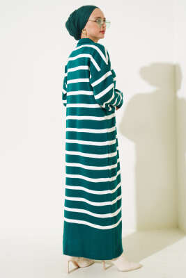 Üç Düğmeli Çizgili Triko Elbise Nefti - Tesettür Elbise