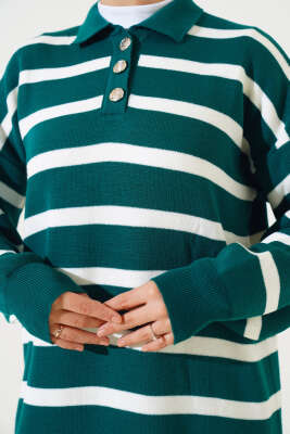 Üç Düğmeli Çizgili Triko Elbise Nefti - Tesettür Elbise