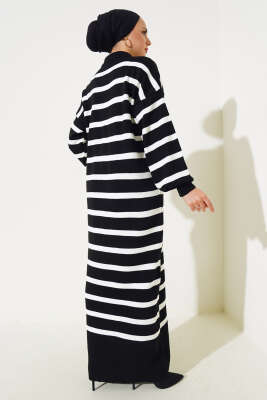 Üç Düğmeli Çizgili Triko Elbise Siyah - Tesettür Elbise