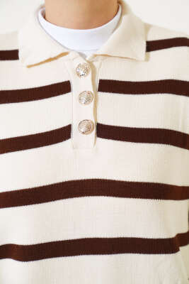 Üç Düğmeli Çizgili Triko Elbise Taş - Tesettür Elbise