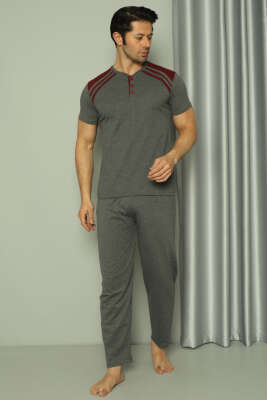 Üç Düğmeli Ekose Detaylı Kısa Kol Erkek Pijama Takımı Füme - GLİSA