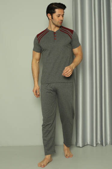 Üç Düğmeli Ekose Detaylı Kısa Kol Erkek Pijama Takımı Füme - Pijama