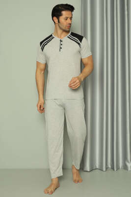 Üç Düğmeli Ekose Detaylı Kısa Kol Erkek Pijama Takımı Gri - GLİSA