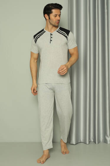 Üç Düğmeli Ekose Detaylı Kısa Kol Erkek Pijama Takımı Gri - Pijama