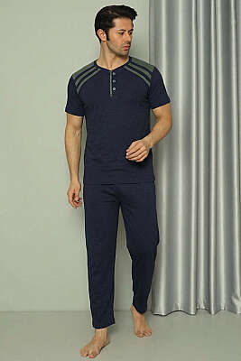 Üç Düğmeli Ekose Detaylı Kısa Kol Erkek Pijama Takımı Lacivert 