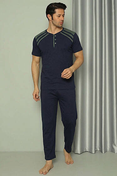 Üç Düğmeli Ekose Detaylı Kısa Kol Erkek Pijama Takımı Lacivert - Pijama