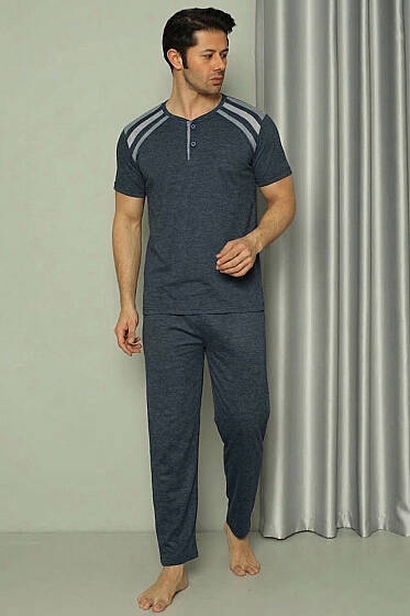 Üç Düğmeli Ekose Detaylı Kısa Kol Erkek Pijama Takımı Parlement - Pijama