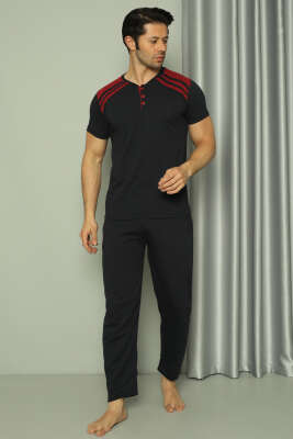 Üç Düğmeli Ekose Detaylı Kısa Kol Erkek Pijama Takımı Siyah - GLİSA