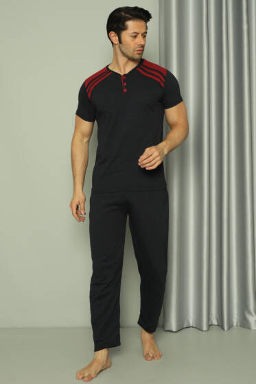 Üç Düğmeli Ekose Detaylı Kısa Kol Erkek Pijama Takımı Siyah - Pijama