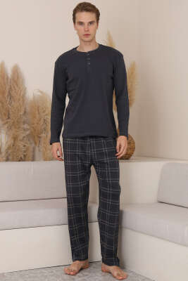 Üç Düğmeli Ekoseli Erkek Pijama Takımı Antrasit - Pijama