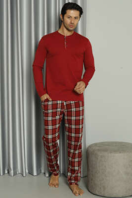 Üç Düğmeli Ekoseli Erkek Pijama Takımı Bordo 