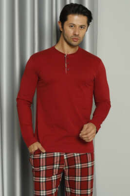 Üç Düğmeli Ekoseli Erkek Pijama Takımı Bordo - ERKEK PİJAMA