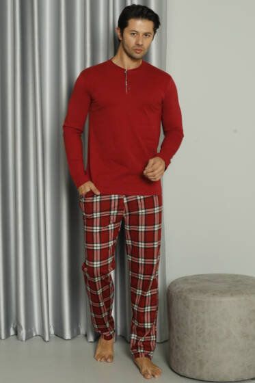 Üç Düğmeli Ekoseli Erkek Pijama Takımı Bordo - Pijama