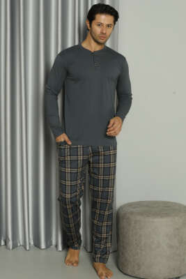 Üç Düğmeli Ekoseli Erkek Pijama Takımı Füme 
