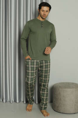 Üç Düğmeli Ekoseli Erkek Pijama Takımı Haki - IŞILAY