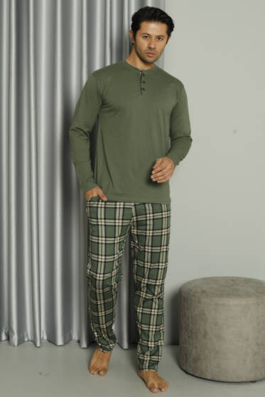 Üç Düğmeli Ekoseli Erkek Pijama Takımı Haki - Pijama
