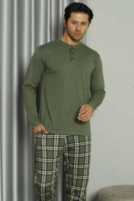 Üç Düğmeli Ekoseli Erkek Pijama Takımı Haki - Pijama