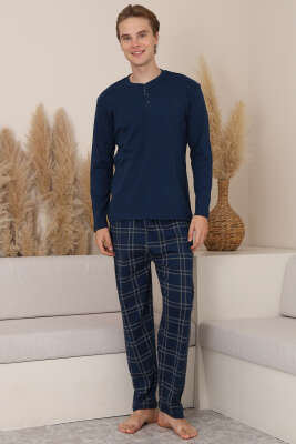 Üç Düğmeli Ekoseli Erkek Pijama Takımı Lacivert - Pijama