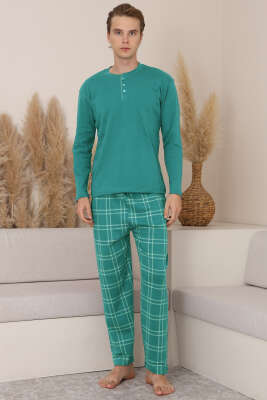 Üç Düğmeli Ekoseli Erkek Pijama Takımı Mint 