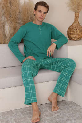 Üç Düğmeli Ekoseli Erkek Pijama Takımı Mint - ERKEK PİJAMA