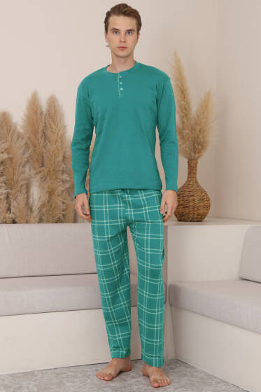 Üç Düğmeli Ekoseli Erkek Pijama Takımı Mint - Pijama
