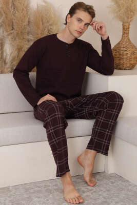 Üç Düğmeli Ekoseli Erkek Pijama Takımı Mürdüm - IŞILAY