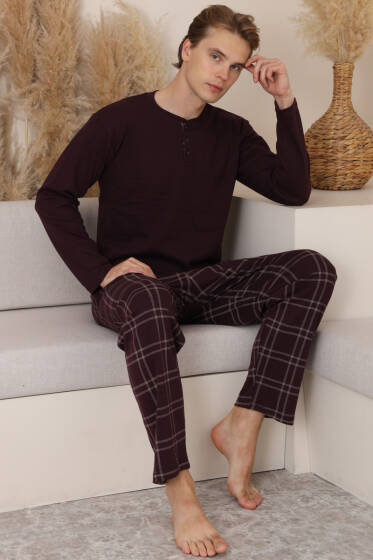 Üç Düğmeli Ekoseli Erkek Pijama Takımı Mürdüm - Pijama