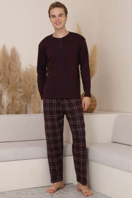 Üç Düğmeli Ekoseli Erkek Pijama Takımı Mürdüm - Pijama