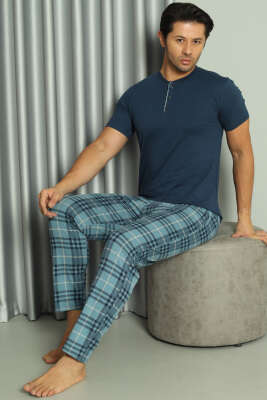 Üç Düğmeli Ekoseli Kısa Kol Erkek Pijama Takım İndigo - Kadın Pijama Takımı