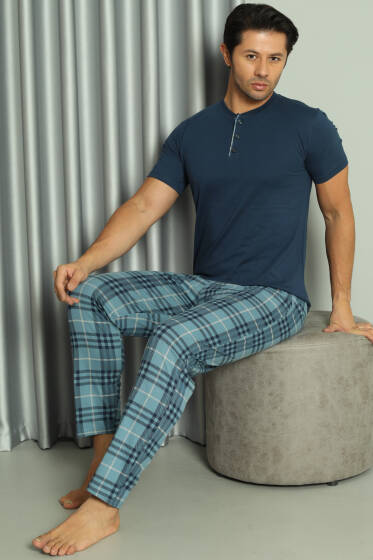 Üç Düğmeli Ekoseli Kısa Kol Erkek Pijama Takım İndigo - Pijama