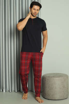 Üç Düğmeli Ekoseli Kısa Kol Erkek Pijama Takım Lacivert - Kadın Pijama Takımı