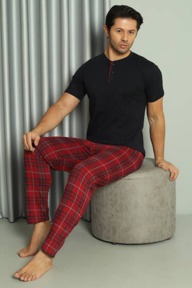 Üç Düğmeli Ekoseli Kısa Kol Erkek Pijama Takım Lacivert - Pijama