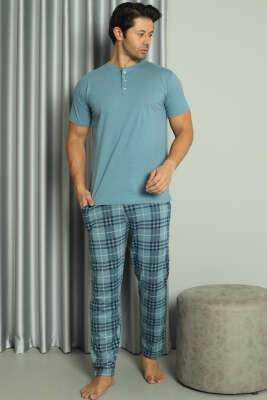 Üç Düğmeli Ekoseli Kısa Kol Erkek Pijama Takım Mavi 