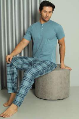 Üç Düğmeli Ekoseli Kısa Kol Erkek Pijama Takım Mavi - Kadın Pijama Takımı