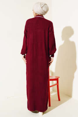 Üç Düğmeli Fitilli Triko Elbise Bordo - Tesettür Elbise
