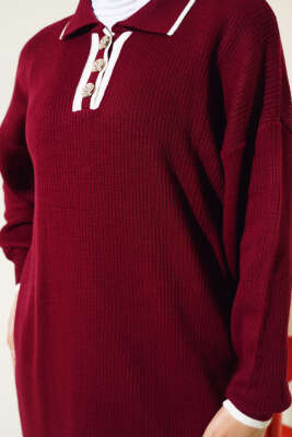 Üç Düğmeli Fitilli Triko Elbise Bordo - Tesettür Elbise