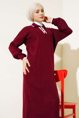 Üç Düğmeli Fitilli Triko Elbise Bordo - Tesettür Elbise