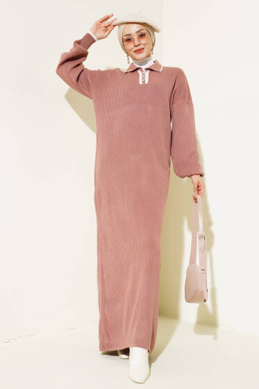 Üç Düğmeli Fitilli Triko Elbise Gül Kurusu - Elbise