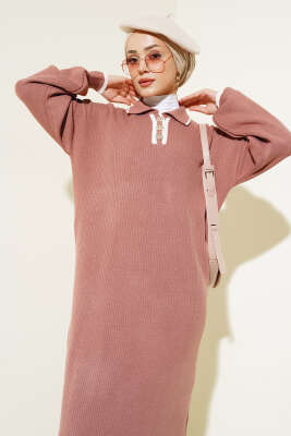 Üç Düğmeli Fitilli Triko Elbise Gül Kurusu - Tesettür Elbise