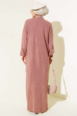 Üç Düğmeli Fitilli Triko Elbise Gül Kurusu - Tesettür Elbise