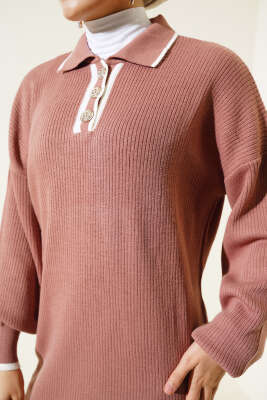 Üç Düğmeli Fitilli Triko Elbise Gül Kurusu - Tesettür Elbise