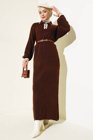 Üç Düğmeli Fitilli Triko Elbise Kahve - Elbise