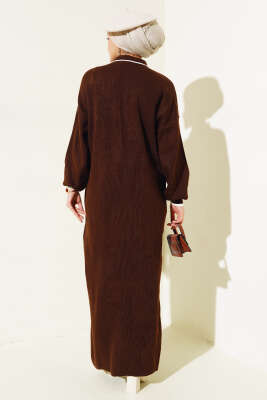 Üç Düğmeli Fitilli Triko Elbise Kahve - Tesettür Elbise