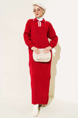 Üç Düğmeli Fitilli Triko Elbise Kırmızı 